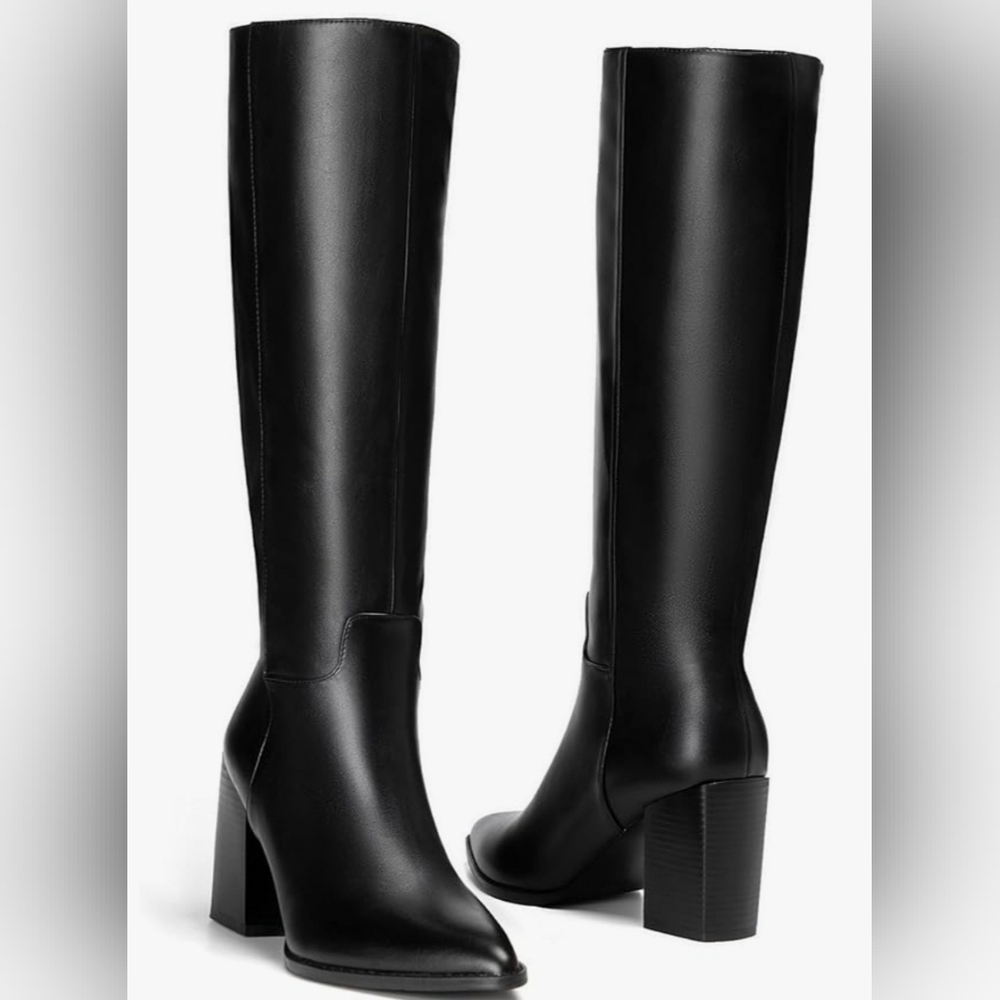 vivianly Women's Wide Knee-High Boots, Pointed Toe Block Heel Zipper, Fashion - Picture 3 of 7
